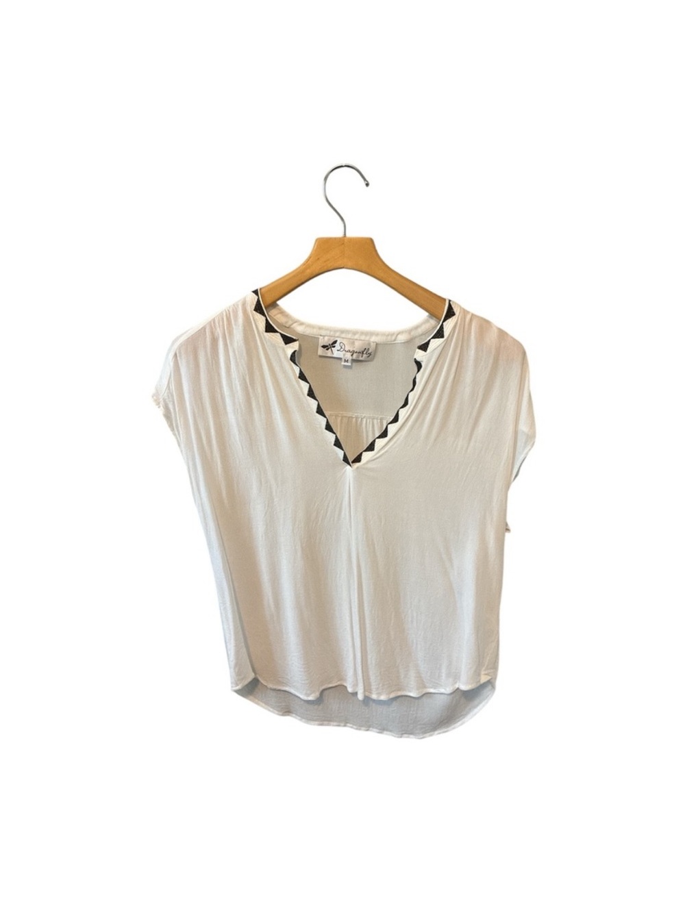 Anthropologie Dragonfly White V-Neck Black Geometric Trim Blouse Medium